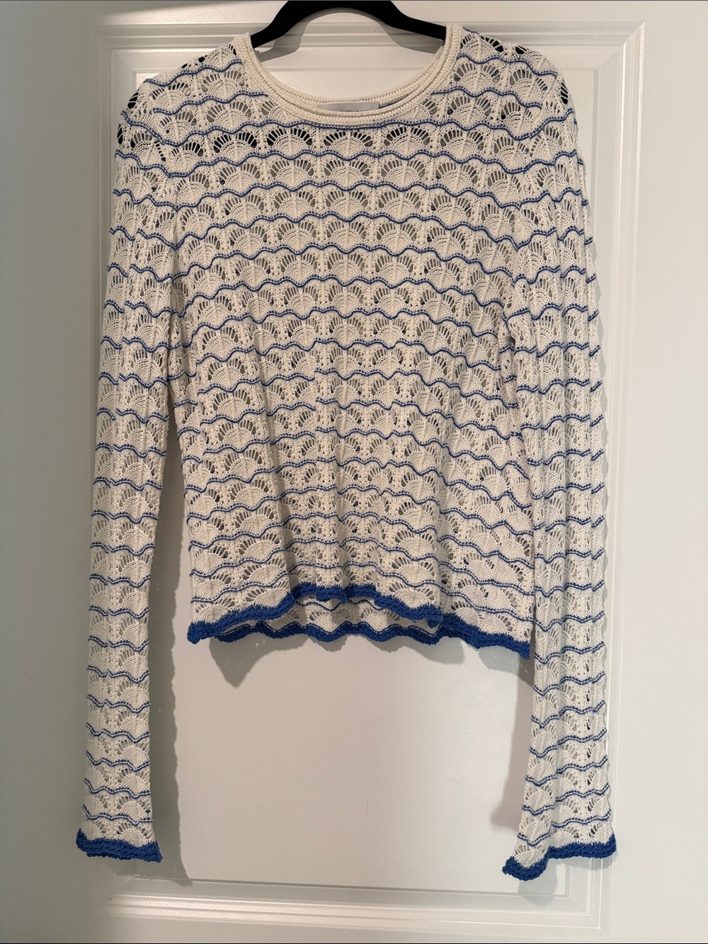 White + Warren Cream Crochet Long Sleeve Top with Blue Trim